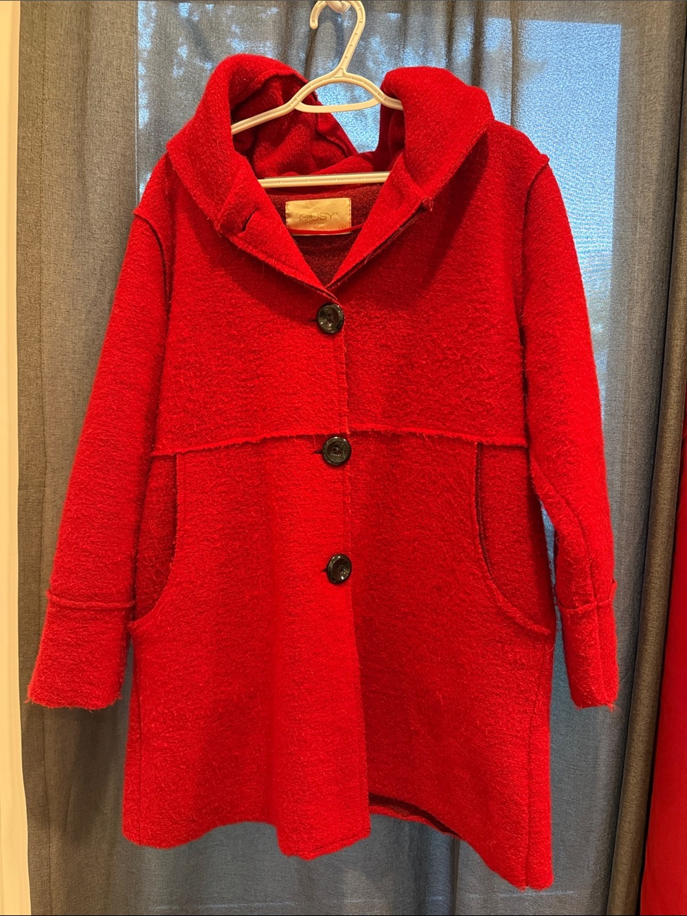 Women’s Red Hooded Pea Coat with Button Front